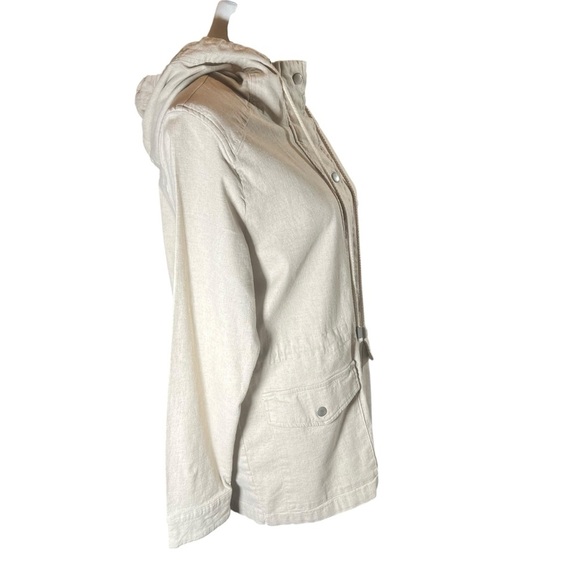 Market & Spruce Linen Blend Utility Jacket Hooded Cinch Waist Cream Oatmeal Sz M - Picture 10 of 15